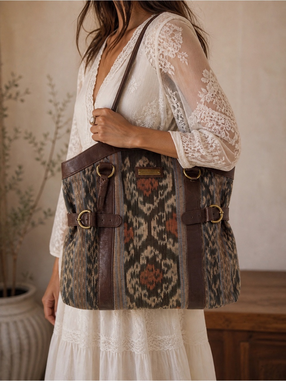 Cleobella Ikat Tote Brown Leather Trim Boho Tribal Shoulder Bag Western Hip Chic